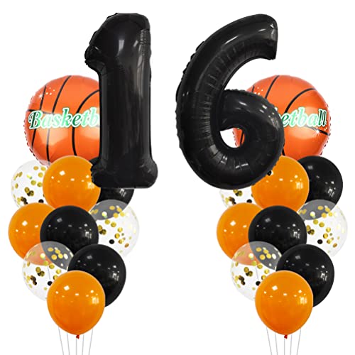 MiaLoverGroßer Basketball-Ballon Geburtstagsdeko 16 Jahre Geburtstagsdeko Zahl 16 Luftballon Folienballon Orange Schwarz Luftballon für Basketball Motto Feier Party Geburtstag Memorial Day Deko von MiaLover