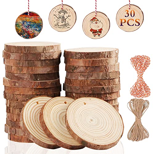 Miaikoe Natürliche Holz Scheiben 30pcs 7-8 cm Unfinished DIY Handwerk vorgebohrt mit Loch Runde Holzkreise für Kunst Rustikale Holz Scheiben Weihnachtsschmuck Dekor von Miaikoe