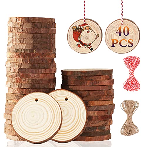 Miaikoe Natürliche Holz Scheiben 40pcs 5-6 cm Unfinished DIY Handwerk vorgebohrt mit Loch Runde Holzkreise für Kunst Rustikale Holz Scheiben Weihnachtsschmuck Dekor von Miaikoe