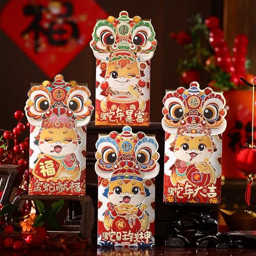 4 rote Umschläge im chinesischen Stil, Schlangenjahr, Cartoon, Frühling, Festival, Glück, Geldbeutel, kreatives Neujahrsgeschenk, rotes Paket von Miaoyak