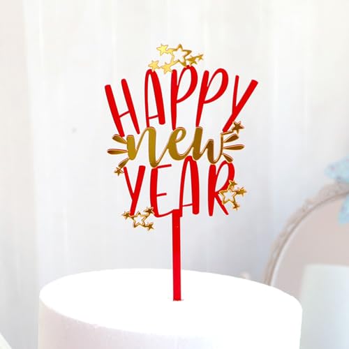 Miaoyak 2025 New Year Happy Party Cake Toppers Red Gold Acrylic Family A Silvester Party Cake Topper Dessert Decoration von Miaoyak