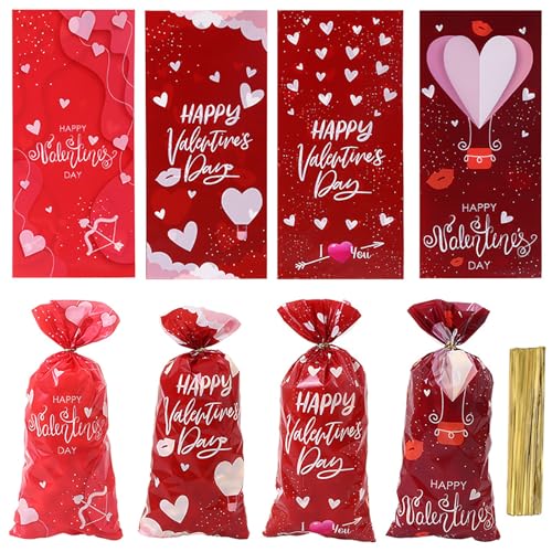 Miaoyak 50/100 Stück Valentinstag Kunststoff Süßigkeitentüten Transparent Snack Cookie Schokolade Geschenkverpackung Taschen Hochzeit Party Geschenke von Miaoyak