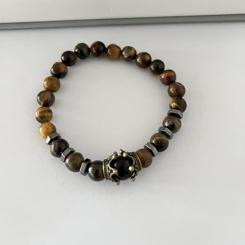 Miaoyak Modisches Armband, Legierung, Krone, Naturstein, Tigerauge, Perlen, Herren-Armband Schmuck von Miaoyak