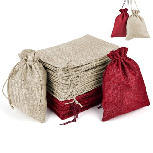 Miavogo 30 x Säckchen zum Befüllen Jutesäckchen Jutebeutel,20 x 15 cm,Stoffbeutel Basteln Kleine Geschenke für Bonbons Lavendel Kräuter,15 x Beige & 15 x Weinrot von Miavogo