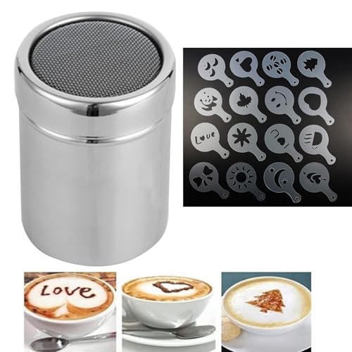 Kakaostreuer Edelstahl mit 16 Pcs Kaffee Schablone Druckformen, Mehlstreuer mit Deckel Puderzuckerstreuer für Cappuccino, Kakaopulver Streuer für Heiße Schokolade Brotdekoration von Miayical