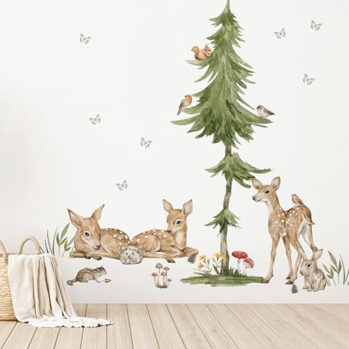 Mica-Mica Waldtiere Wandtattoo fürs Kinderzimmer, Wanddeko, Wandsticker (Large, Rehkitze mit Baum) von Mica-Mica