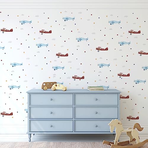 Mica-Mica Wandtattoo Kinderzimmer - Flugzeuge mit Sternen und Wolken | Hochwertige Stoff-Wandtattoos | 100% PVC-frei | Nachhaltige Wanddeko, Wandaufkleber & Wandsticker | Deko fürs Babyzimmer von Mica-Mica