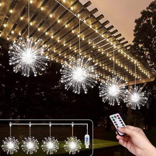 Micacorn Feuerwerk Lichterkette, 4Pack Hängende USB Feuerwerk Lichter 480 LEDs 8 Modes Starburst Wasserdichte Kupferdraht Lichter Feen Lichter mit Fernbedienung für Home Xmas Party Dekorationen von Micacorn