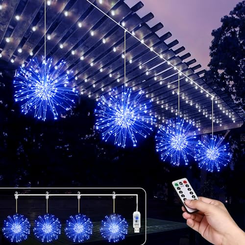 Micacorn Feuerwerk Lichterkette, 4Pack Hängende USB Feuerwerk Lichter 480 LEDs 8 Modes Starburst Wasserdichte Kupferdraht Lichter Feen Lichter mit Fernbedienung für Home Xmas Party Dekorationen von Micacorn