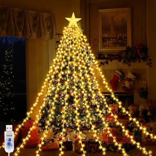 Micacorn LED Wasserfall Lichterkette Stern 2M 9 Stränge 198 LED USB Lichterkette Weihnachtsbaum mit Topper Stern 8 Modi Wasserdichte Lichterkette mit Fernbedienung für Garten Hochzeitsdekoration von Micacorn