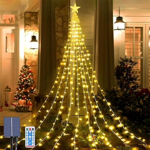 Micacorn Solar Lichterkette Aussen, LED Wasserfall Lichterkette Stern 2M 9 Stränge 198 LED Lichterkette Weihnachtsbaum mit Topper Stern 8 Modi Wasserdichte Lichterkette für Garten Hochzeitsdekoration von Micacorn