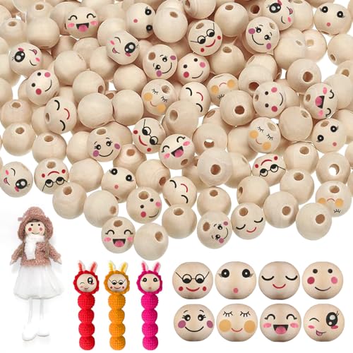 Runde Holzperlen Set, 80 Pcs Lächeln Gesicht Holzperle 20mm Natürliche Runde Holzperlen mit Loch, Auffädelbare Smiling Gesicht Holzperlen für Basteln DIY Schmuck Armband Halskette von Micacorn