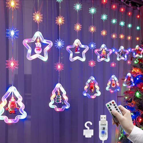 Schneeflocken Sterne Lichterkette 3M USB Weihnachten Lichter 8 Modes 110 LEDs Lichtervorhang Lichter mit Remote Weihnachtsmuster Weihnachtsbeleuchtung für Weihnachten Hochzeit Schlafzimmer Deko von Micacorn