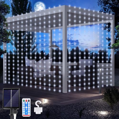 Solar Lichterketten Aussen, Solar Lichtervorhang 3Mx3M 300 LED Wasserfall Lichterkette 8 Modi Wasserdichte Vorhang Lichter mit Fernbedienung für Weihnachten Hochzeit Party Garten Dekorationen von Micacorn