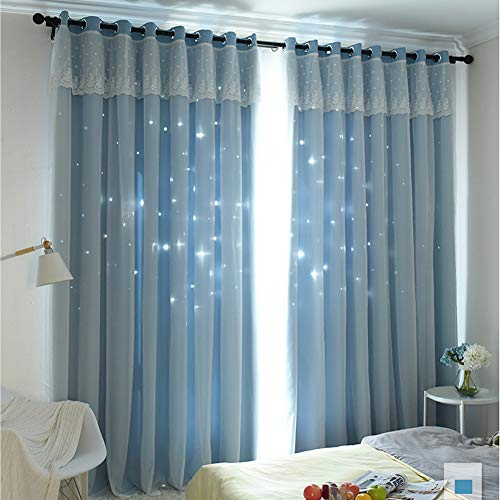 Michorinee 1 Stücke Gardinen Kinderzimmer Vorhang Mädchen Hohle Sterne Prinzessin Verdunkelung Kräuselband Blickdicht Ösenschal Spitze Voile Blau für Mädchenzimmer 210 × 132cm (H × B) von Michorinee