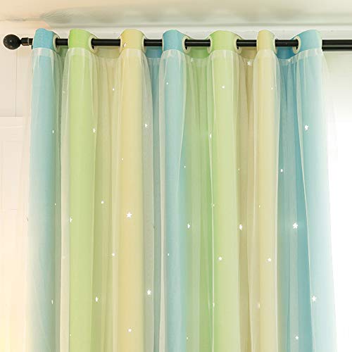 Michorinee Vorhang Mädchenzimmer Farbverlauf Hohle Sterne Verdunkelungsvorhang Prinzessin Blickdicht Gardine Kräuselband Ösenschal Voile Grün Gelb für Kinderzimmer, 1 Stücke 182 × 117cm (H × B) von Michorinee