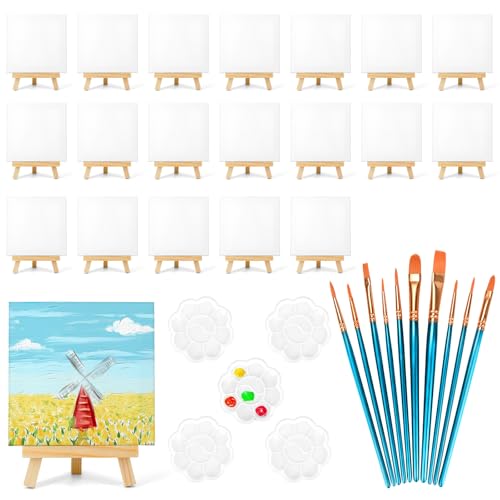 20 Stück 15x15cm Mini-Leinwände für Malerei, kleine gestreckte Malerei Leinwand Panel mit Mini Staffelei, Kunst Leinwand Malerei Kit mit 10 Pinsel & 5 Paint Tray… von MicoSim