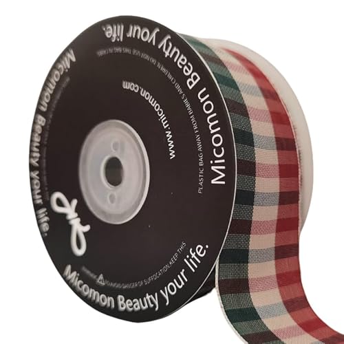 Micomon 3,8 cm rotes und grünes Gingham-Band, Büffelband, kariert, Weihnachtsband, 22,7 m pro Rolle, 100 % Polyester, 3,8 cm, rotgrün von Micomon