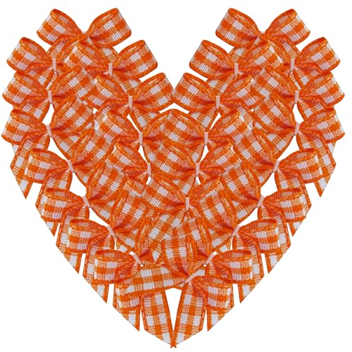 Micomon 50 Stück 2,5 cm Mini-Gingham-Bandschleifen zum Basteln, karierte Schleifen, Applikationen zum Nähen, Scrapbooking, 2,5 cm, Orange von Micomon