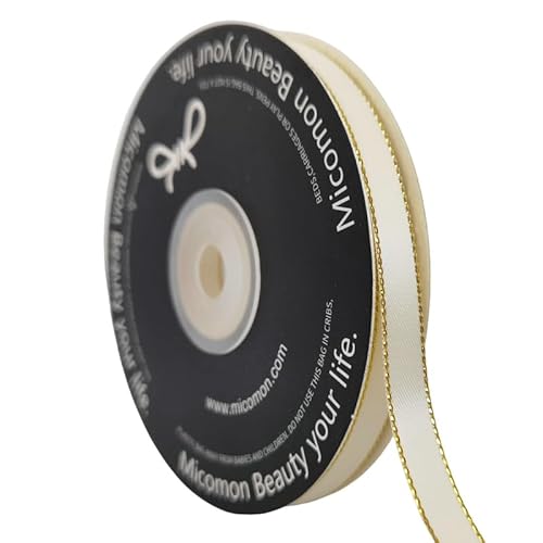 Micomon Polyester-Satinband mit metallischem Rand, goldfarbener Rand, für Hochzeitsdekoration, Geschenkverpackung, 22,7 m, elfenbeinfarben (0,95 cm, G Elfenbein) von Micomon