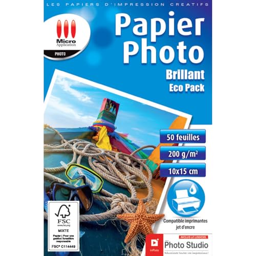 Micro Application - Glänzendes Fotopapier – Format 10 x 15 cm – Grammatur 200 g/m² – 50 Blatt – Sparpack – FSC-zertifiziertes Papier – Zero-Kunststoffverpackung von Micro Application