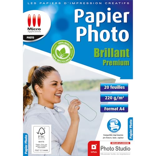 Micro Application - Glänzendes Premium-Fotopapier – 220 g/m² – 20 Blatt – DIN A4 – 100% recycelbar – FSC-zertifiziertes Papier – ohne Polyethylen – Zero Plastikverpackung von Micro Application