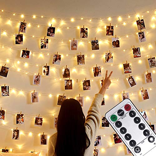 Microwear Foto clip Lichterketten,USB Oder Batterie Betrieben,10M 100LED Fotolichterkette mit Fernbedienung,8 Modi,Dekoration für Innen,Schlafzimmer,Hochzeit,Party,Weihnachten (50Clip & 25Nägel) von Microwear