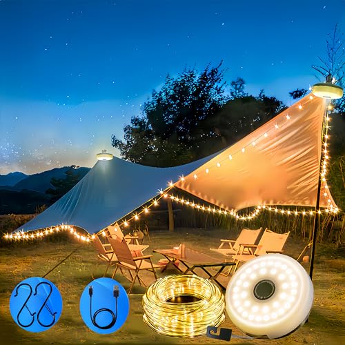 Microwear Camping Lichterkette Aufrollbar,Wasserdichte Tragbare Verstaubare LED Lichterkette Aufrollbar,10M Camping Lichterkette zum Aufrollen,Alpenwolken Lichterkette für Outdoor Außen,Warmes Licht von Microwear