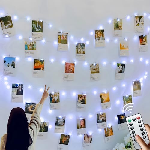 Microwear Led Foto Clip Lichterketten,USB Oder Batterie Betrieben,10M100LEDs Fotolichterkette mit Fernbedienung,8 Modi,Dekoration für Innen,Schlafzimmer,Hochzeit,Party,50Clip&25Nägel von Microwear