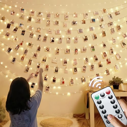 Microwear Fotoclips Lichterkette,12M 120LEDS Lichterkette,8 Modi Fotos Lichterkette mit Fernbedienung,USB/Batteriebetrieben für Bilder,Zimmer,Weihnachten,Hochzeiten(52 Klammern und 25 Nails) von Microwear