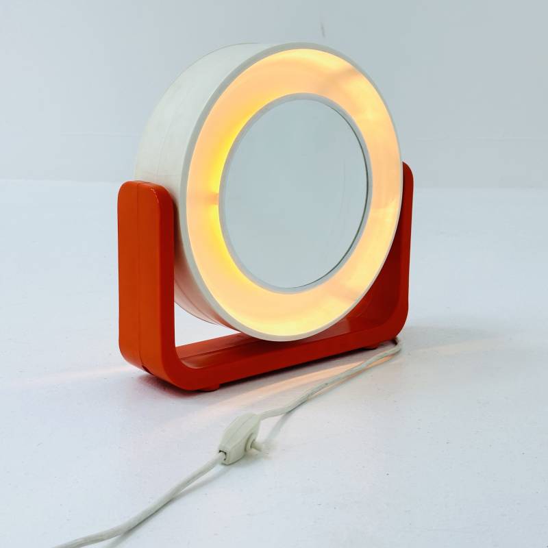 Backlit Vintage Two-Sided Mirror By Allibert Space Age Orange. Rotates To Switch Between The Regular & Magnifying Mirrors von MidAgeVintageDE2