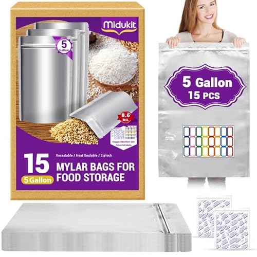 Midukit Mylar Bags Zur Langfristige Lagerung Aufbewahrung Von Lebensmitteln 5 Gallon, 43.5 x 71 CM, 8,6 Mil, Mylar Beutel Mit Sauerstoffabsorbern, 40000 CC, Heißsiegelbar, Reißverschluss, 15 Stück von Midukit