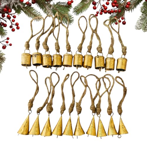 Mie Creations 20 Stück Rustikale Blechglocken, Vintage 5 cm Kleine Jingle Bells, Dekorative Glocken zum Basteln, Weihnachtsbaumschmuck, Mini Kuhglocken auf Juteseil, Handgefertigte Metallglocke zum von Mie Creations