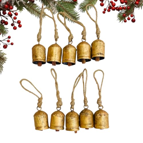 Mie Creations Set mit 10 rustikalen Vintage-Kuhglocken, handgefertigte Weihnachtsglocken auf Juteseil, dekorative Weihnachtsbaumschmuck, 7 cm, Glöckchen zum Basteln, Metallkranz, Kuhglocken - von Mie Creations