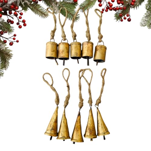 Mie Creations Set mit 10 rustikalen Vintage-Weihnachtsglocken, Zinnglocken auf Juteseil, dekorative 7 cm Glöckchen zum Basteln, Weihnachtsbaumschmuck, handgefertigtes Metall zum Aufhängen, von Mie Creations