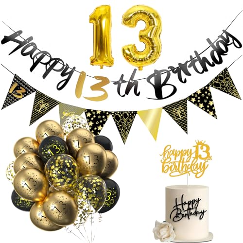 13 Geburtstag Dekorationen für Jungen Mädchen, Schwarz Gold 13 Geburtstag Luftballons, Happy 13 Birthday Banner Geburtstag Kuchen Topper Zahl 13 Ballon für 13 Jahre Alt Geburtstag Party Dekoration von Mienocol