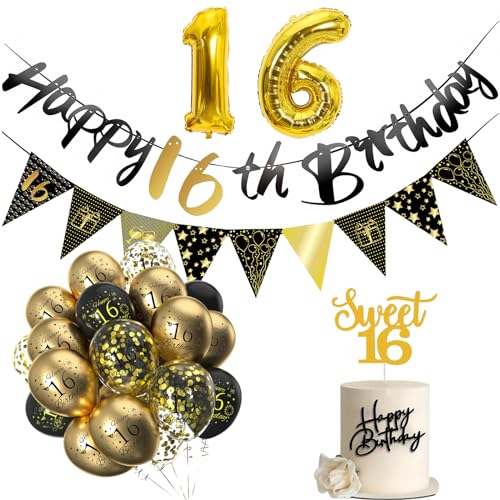 16 Geburtstag Dekorationen für Jungen Mädchen, Schwarz Gold 16 Geburtstag Luftballons, Happy 16 Birthday Banner Geburtstag Kuchen Topper Zahl 16 Ballon für 16 Jahre Alt Geburtstag Party Dekoration von Mienocol