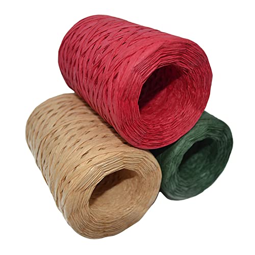 300M Raffiabast Papierband,Rot,Grüne Und Naturbast Bast Weihnachten Raffia Bastband 3 Rollen Natur Bindebast für Weihnachten Geschenkverpackung, Weben, DIY Handwerk Dekoration von Mienocol