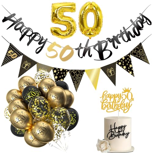 50 Geburtstag Dekoration Kit, Schwarz Gold Thema Happy 50th Birthday Banner Wimpelkette mit Konfetti Latex Ballons Cake Topper und Nummer 50 Folienballon für Frauen Männer 50 Jahre alt Geburtstag von Mienocol