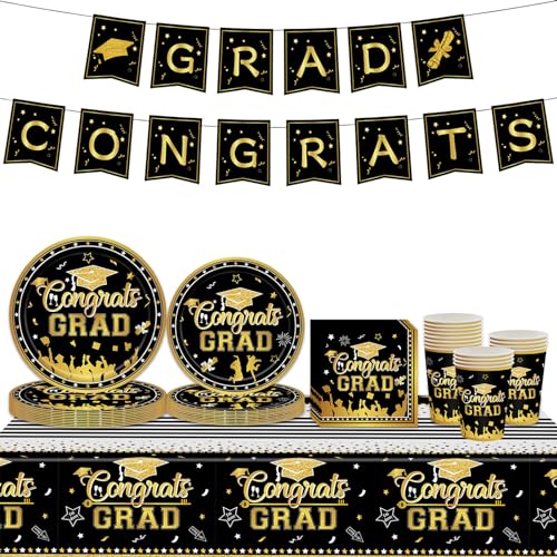 Abschlussfeier Party Partygeschirr Set,70 Stück Schwarzes Gold Abschlussdeko Pappteller Becher, Servietten Tischdecke und Congrats Grad Banner für Abschlussfeier Partygeschirr Tischdeko von Mienocol