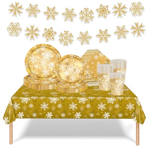 Gold SchneeBlume Weihnachtspapier Partygeschirr Set,70 Stück Gold SchneeBlume Pappteller Becher, Servietten Tischdecke und Banner Set für Weihnachten Neujahr Winter SchneeBlume Dekoration 16 Gäste von Mienocol