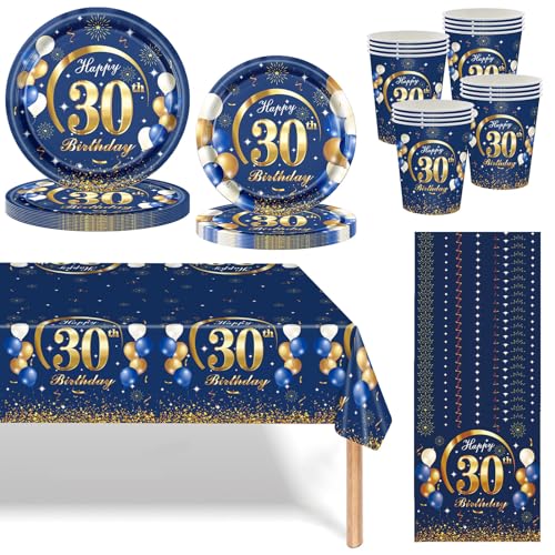 Navy Blau Gold 30 Geburtstag Partygeschirr Set,69 Stück 30.Geburtstag Männer Frauen Blau Gold Deko Pappteller Becher, Servietten und Tischdecke Set,Tischdeko für 30.Geburtstagsdeko Partys 16 Gäste von Mienocol