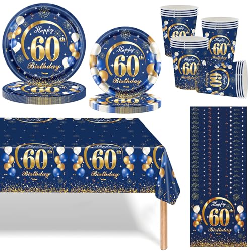 Navy Blau Gold 60 Geburtstag Partygeschirr Set,69 Stück 60.Geburtstag Männer Frauen Blau Gold Deko Pappteller Becher, Servietten und Tischdecke Set,Tischdeko für 60.Geburtstagsdeko Partys 16 Gäste von Mienocol