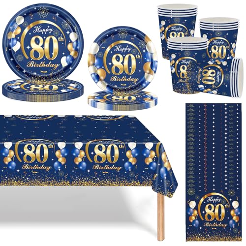 Navy Blau Gold 80 Geburtstag Partygeschirr Set,69 Stück 80.Geburtstag Männer Frauen Blau Gold Deko Pappteller Becher, Servietten und Tischdecke Set,Tischdeko für 80.Geburtstagsdeko Partys 16 Gäste von Mienocol