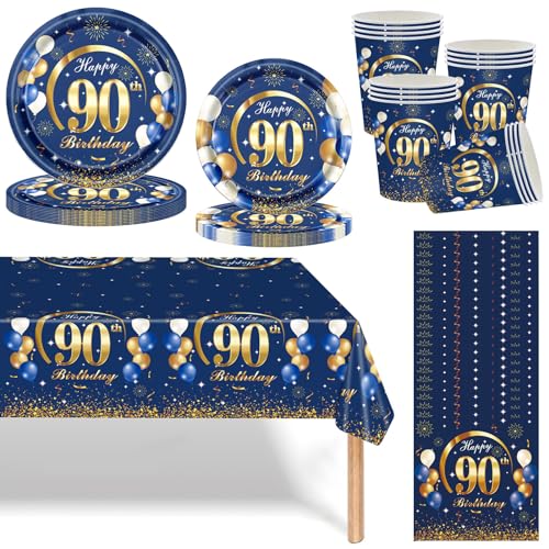 Navy Blau Gold 90 Geburtstag Partygeschirr Set,69 Stück 90.Geburtstag Männer Frauen Blau Gold Deko Pappteller Becher, Servietten und Tischdecke Set,Tischdeko für 90.Geburtstagsdeko Partys 16 Gäste von Mienocol