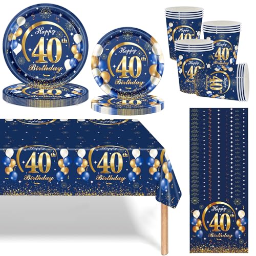 Navy Blau Gold 40 Geburtstag Partygeschirr Set,69 Stück 40.Geburtstag Männer Frauen Blau Gold Deko Pappteller Becher, Servietten und Tischdecke Set,Tischdeko für 40.Geburtstagsdeko Partys 16 Gäste von Mienocol