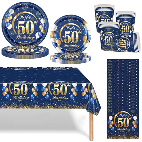 Navy Blau Gold 50 Geburtstag Partygeschirr Set,69 Stück 50.Geburtstag Männer Frauen Blau Gold Deko Pappteller Becher, Servietten und Tischdecke Set,Tischdeko für 50.Geburtstagsdeko Partys 16 Gäste von Mienocol