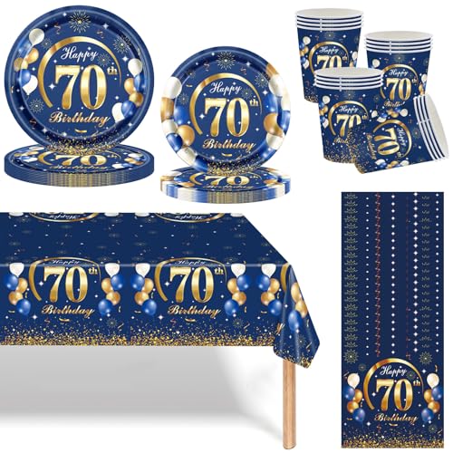 Navy Blau Gold 70 Geburtstag Partygeschirr Set,69 Stück 70.Geburtstag Männer Frauen Blau Gold Deko Pappteller Becher, Servietten und Tischdecke Set,Tischdeko für 70.Geburtstagsdeko Partys 16 Gäste von Mienocol