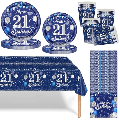 Navy Blau Silber 21 Geburtstag Partygeschirr Set,69 Stück 21.Geburtstag Männer Frauen Blau Silber Deko Pappteller Becher, Servietten und Tischdecke Set,Tischdeko für 21.Geburtstagsdeko Partys 16 Gäste von Mienocol