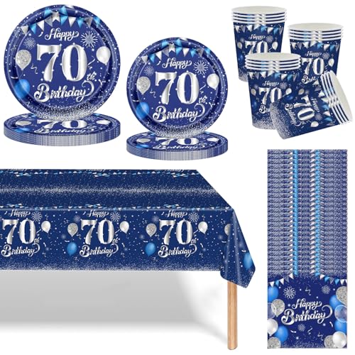 Navy Blau Silber 70 Geburtstag Partygeschirr Set,69 Stück 70.Geburtstag Männer Frauen Blau Silber Deko Pappteller Becher, Servietten und Tischdecke Set,Tischdeko für 70.Geburtstagsdeko Partys 16 Gäste von Mienocol